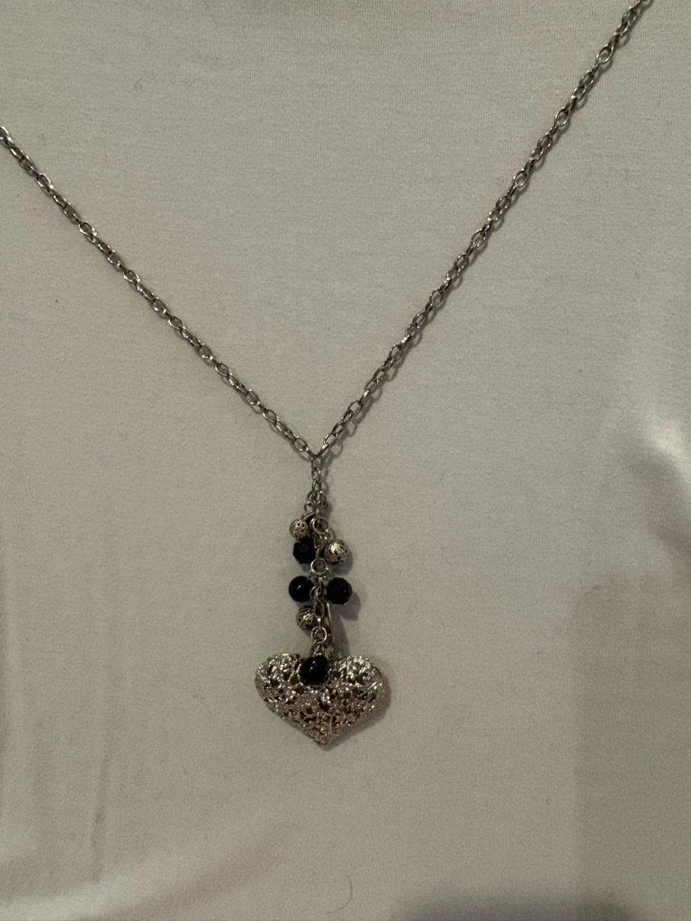 Silver Heart Pendant Necklace with Black Bead Accents